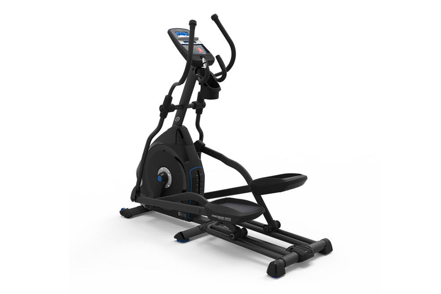 Black Nautilus E616 elliptical machine with digital console, curved handles, and footrests on white background
