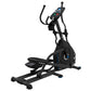 Black elliptical machine with blue accents, digital console display, and curved handles on white background