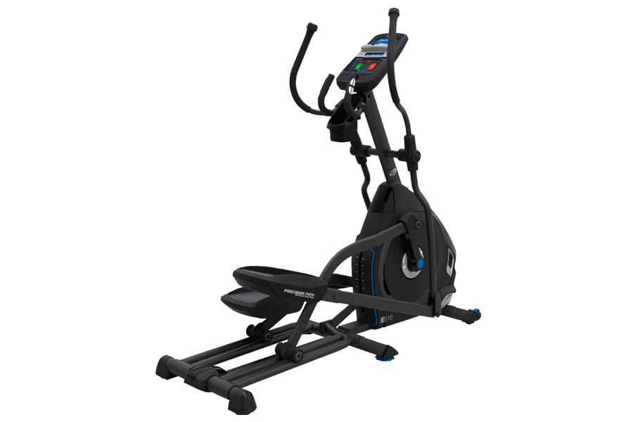 Black elliptical machine with blue accents, digital console display, and curved handles on white background