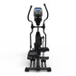 Black Nautilus elliptical machine with console display, curved handles, and foot pedals on white background