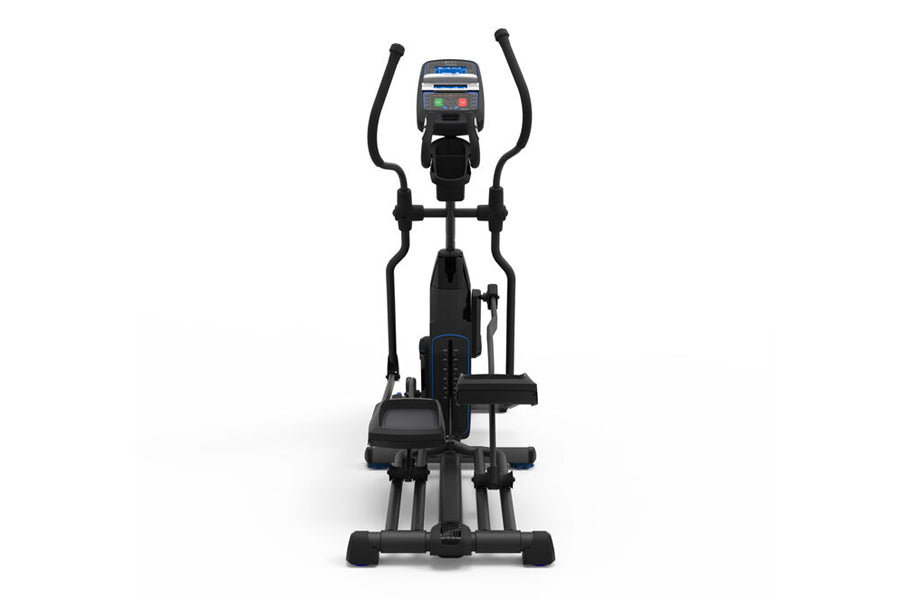 Black Nautilus elliptical machine with console display, curved handles, and foot pedals on white background