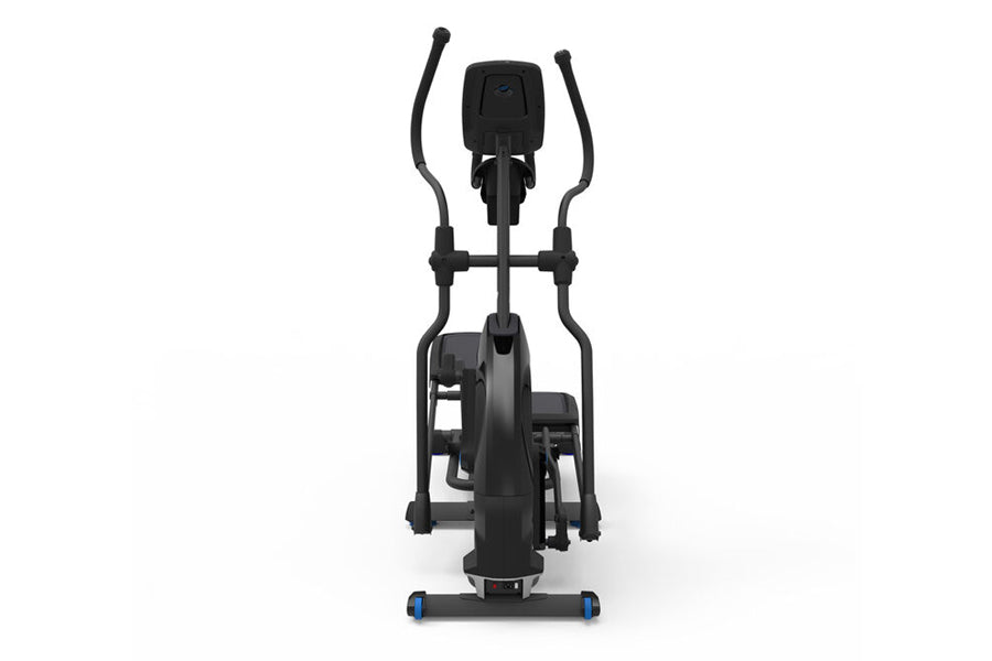 Black elliptical machine with blue foot pedals, curved handles, and digital console, viewed from front on white background
