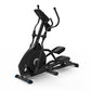 Black elliptical machine with blue accent feet and digital display console, angled view on white background