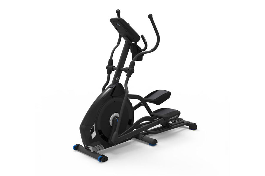 Black elliptical machine with blue accent feet and digital display console, angled view on white background