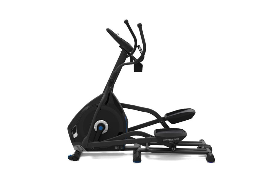 Black Nautilus E616 elliptical machine with curved handles, foot pedals, and digital console on white background