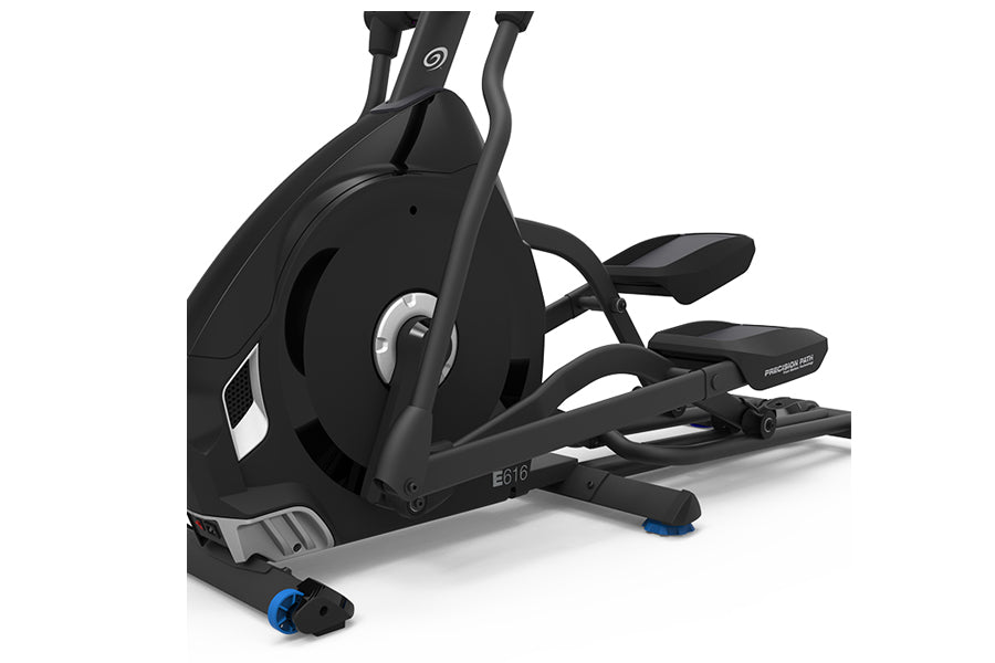 Black Nautilus E616 elliptical machine with gray accents, blue foot pedals, and extended stride arms on white background