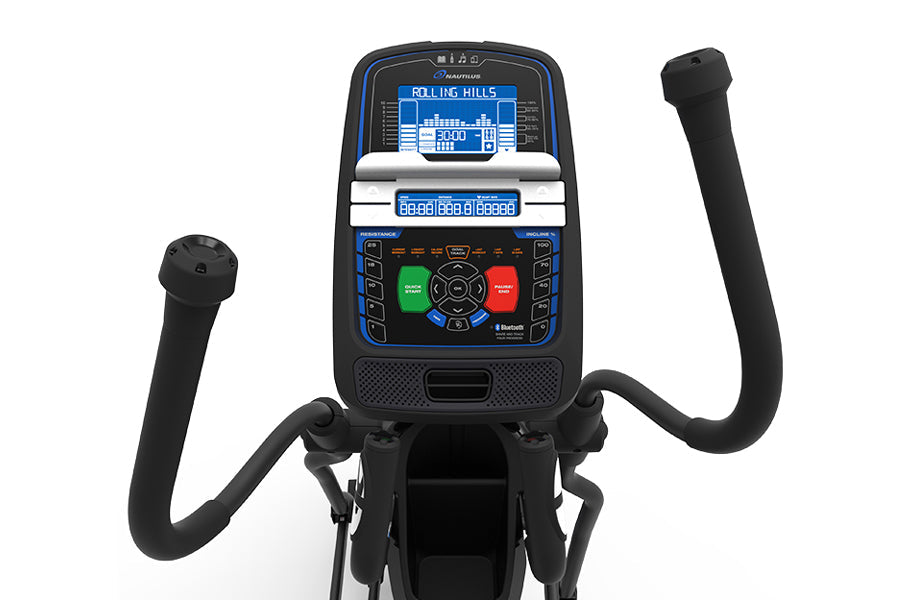 Nautilus E616 elliptical machine with blue display screen showing "Rolling Hills" workout program, black frame, dual moving h