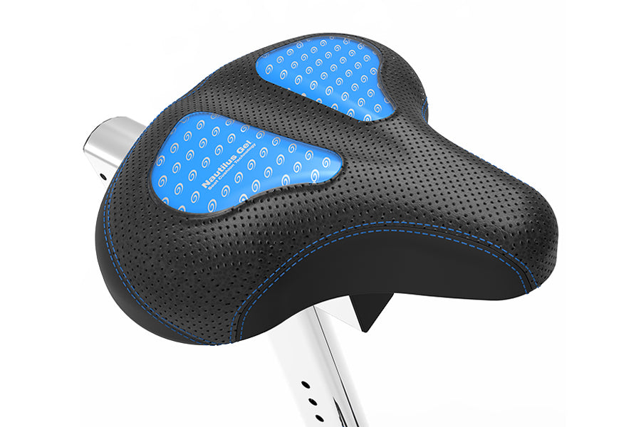 Black gel bike seat with blue padded palm rest panels and perforated mesh design, mounted on white post