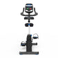 Black upright exercise bike with blue accents, digital console display, curved handlebars, and foot pedals, shown on white ba