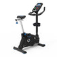 Nautilus U618 upright exercise bike with black frame, blue accents, seat, and digital console on white background