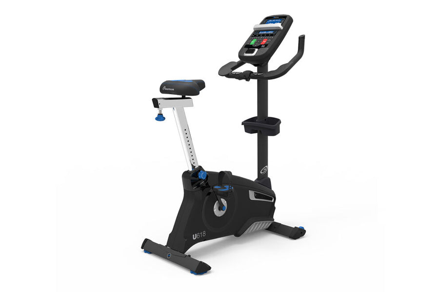 Nautilus U618 upright exercise bike with black frame, blue accents, seat, and digital console on white background