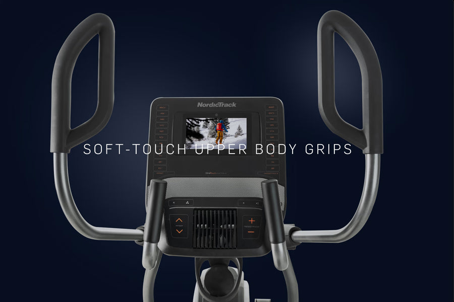 NordicTrack 9.9 Commercial Elliptical with gray soft-touch upper body grips and touchscreen console on dark background