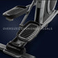Silver and black elliptical machine with oversized cushioned pedals on dark blue background
