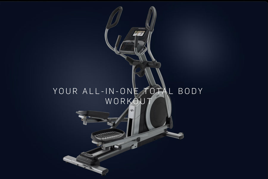 NordicTrack 9.9 Commercial Elliptical with dual moving arms and digital display on dark blue background