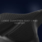 Black cushioned bicycle seat with ribbed texture pattern on dark blue background