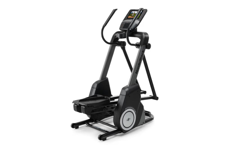 Black NordicTrack FS10i elliptical machine with digital console and moving handles, displayed on white background