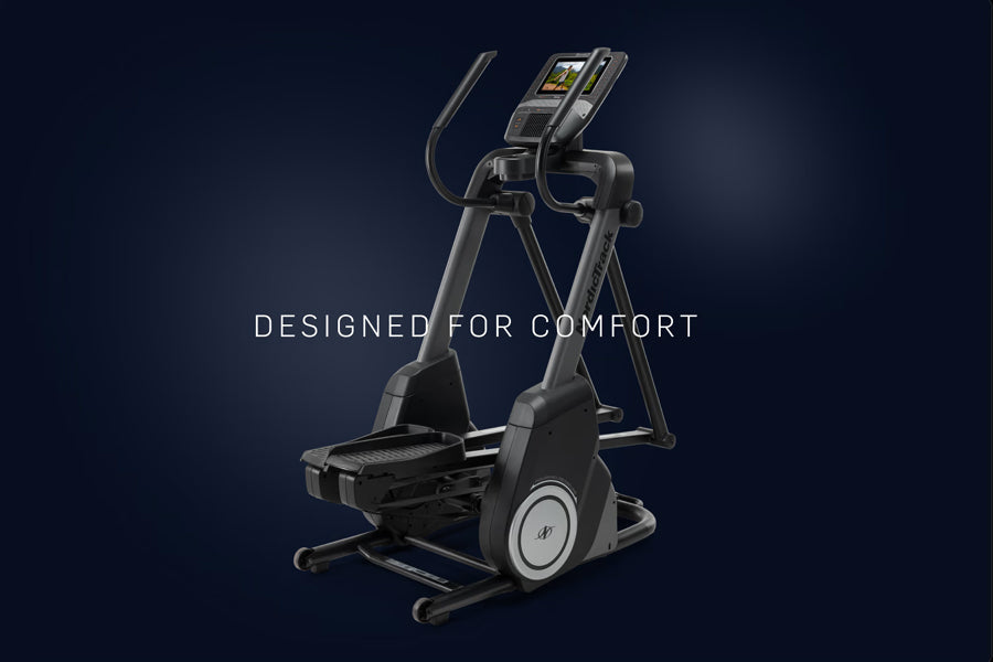 NordicTrack FS10i black elliptical machine with digital console display on dark blue background