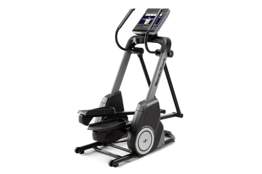 NordicTrack FS14i elliptical with gray frame, black pedals and handlebars, digital display console, and cable attachment on w