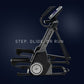 Black and gray elliptical machine with dual-motion arms, digital display console, and foot pedals on dark blue background
