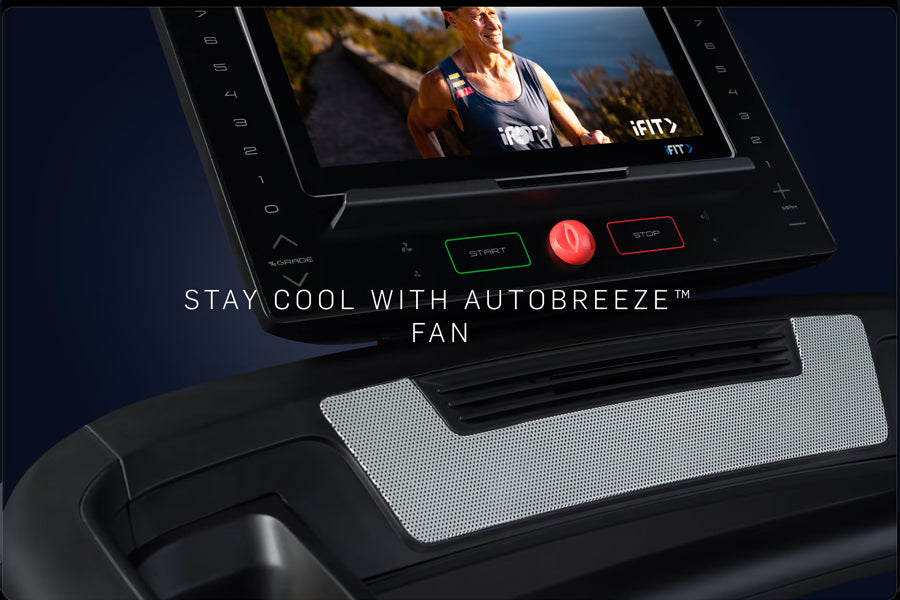 NordicTrack EXP 14i treadmill with black frame, touchscreen display showing fitness video, and white mesh fan vent with AutoB