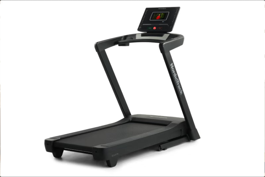 Black NordicTrack EXP 7i treadmill with digital console display and cushioned running deck on white background