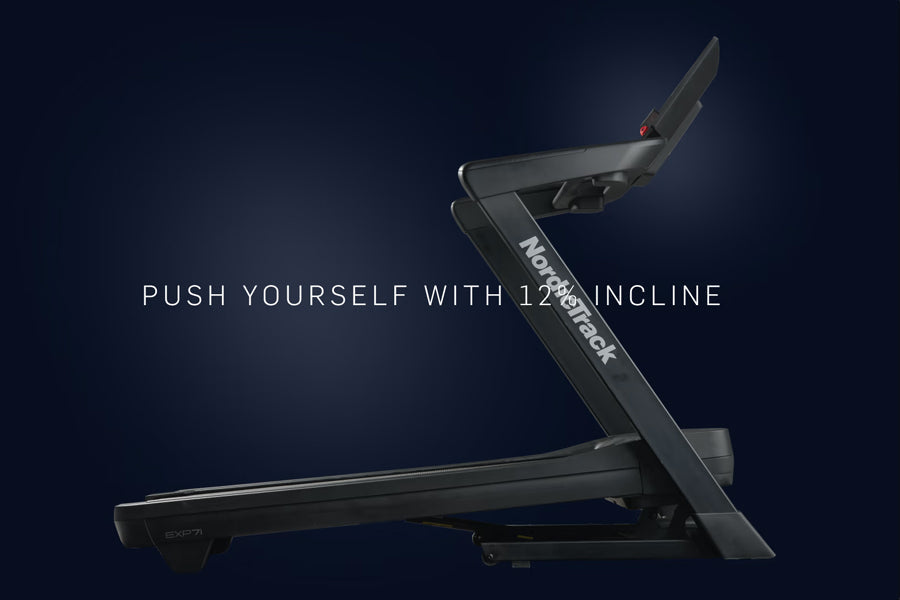 NordicTrack EXP 7i treadmill with 12% incline feature, black frame on dark blue background
