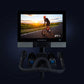NordicTrack S22i commercial indoor bike with black frame, dual blue-lit resistance knobs, and touchscreen display showing cyc