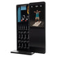NordicTrack Vault black home gym mirror displaying workout video on screen with storage shelves holding dumbbells and accesso