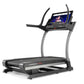 NordicTrack X32i commercial treadmill with black and gray frame, curved handrails, and digital display console on white backg