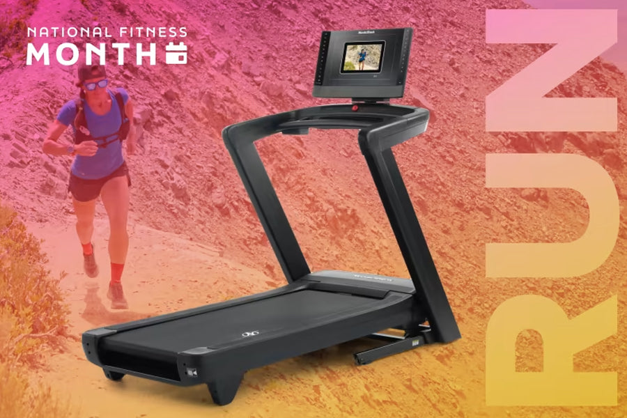 Black NordicTrack treadmill with touchscreen display and running deck, shown on gradient pink and orange background with athl