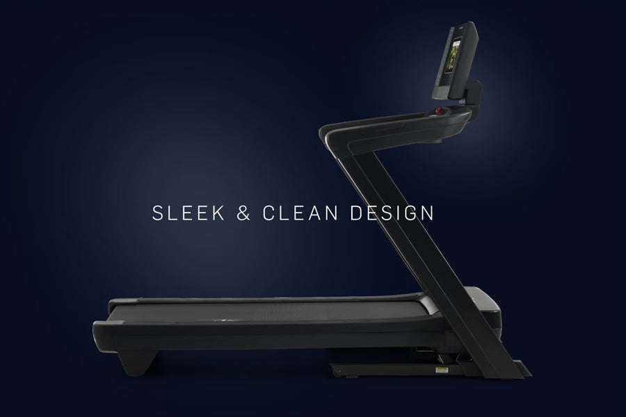 Black NordicTrack 1250 commercial treadmill with folding incline and digital display on dark blue background