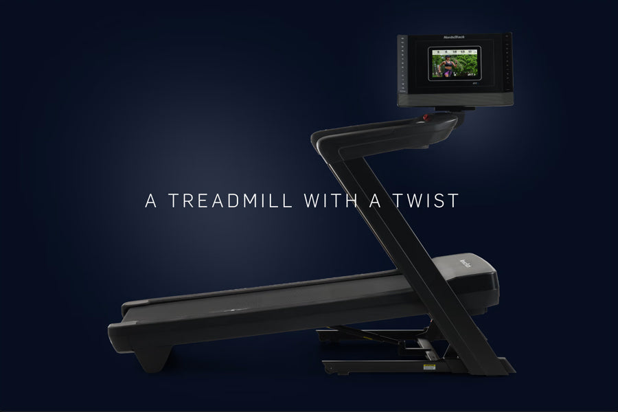 Black NordicTrack 1250 Commercial Treadmill with angled frame and integrated touchscreen display on dark blue background