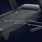 Black commercial treadmill with incline decline terrain matching feature, displayed at angle on dark background