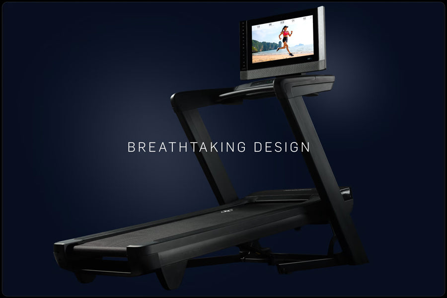 Black commercial treadmill with digital display screen showing runner, angled side view on dark blue background