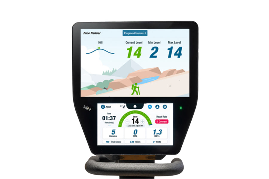 NuStep RB8MAX recumbent exercise bike console displaying pace partner program with hill terrain graphic, heart rate and worko