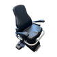 Black and gray recumbent exercise bike with padded seat and backrest, armrests, and foot pedals on white background