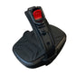 Black recumbent exercise bike pedal with red button and textured footpad, displayed on white background