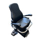 Black and gray recumbent exercise bike with padded seat and backrest, armrests, and foot pedals on white background