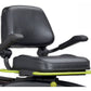 Black padded recumbent elliptical stepper with adjustable seat and armrests, lime-green foot platform, shown on white backgro