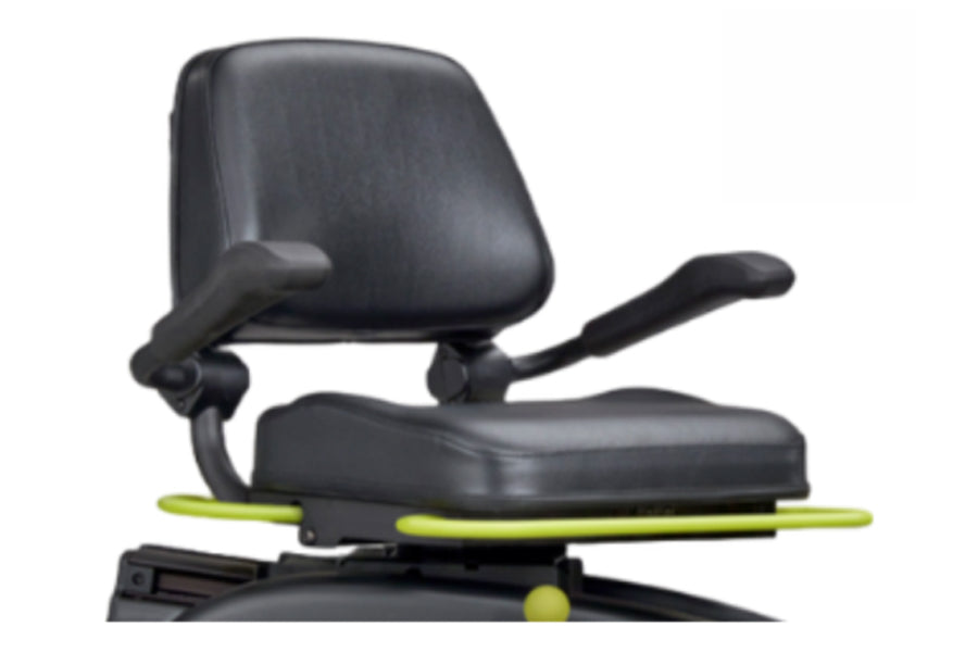 Black padded recumbent elliptical stepper with adjustable seat and armrests, lime-green foot platform, shown on white backgro