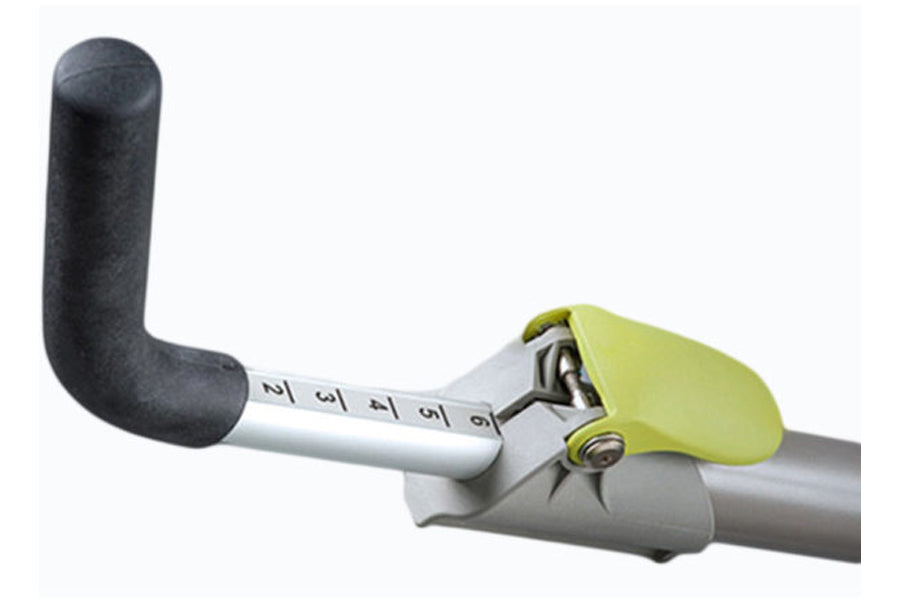 NuStep T4r recumbent elliptical stepper with gray foam handle and lime green foot pedal on white background