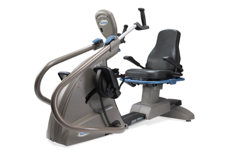 NuStep T5XRW recumbent elliptical stepper with gray frame, blue accents, and black padded seat on white background