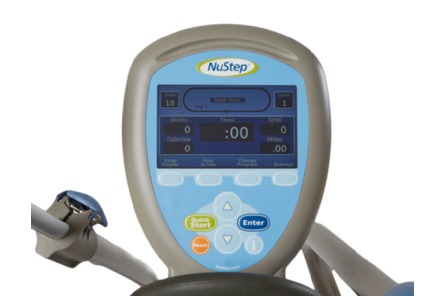 NuStep T5XRW recumbent elliptical stepper with blue and gray console displaying time, calories, watts, and SPM metrics
