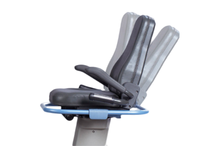NuStep T5XRW recumbent elliptical stepper with gray padded seat and backrest, black armrests, and blue base on white backgrou