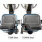 Top view of two gray padded recumbent elliptical seats with blue frames and black handles, labeled T5XR and T5XRW models