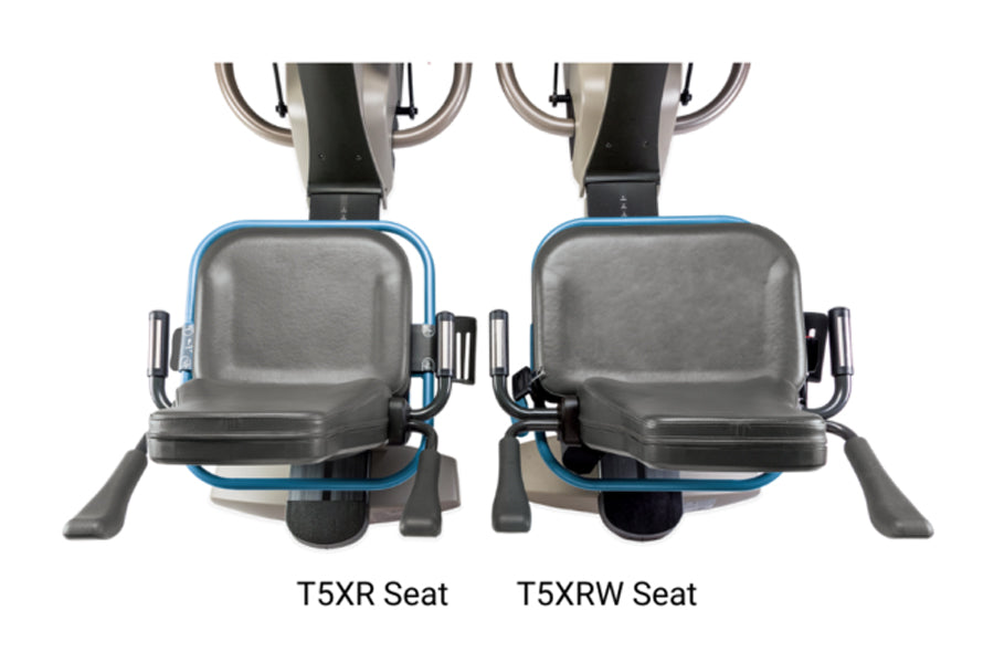 Top view of two gray padded recumbent elliptical seats with blue frames and black handles, labeled T5XR and T5XRW models