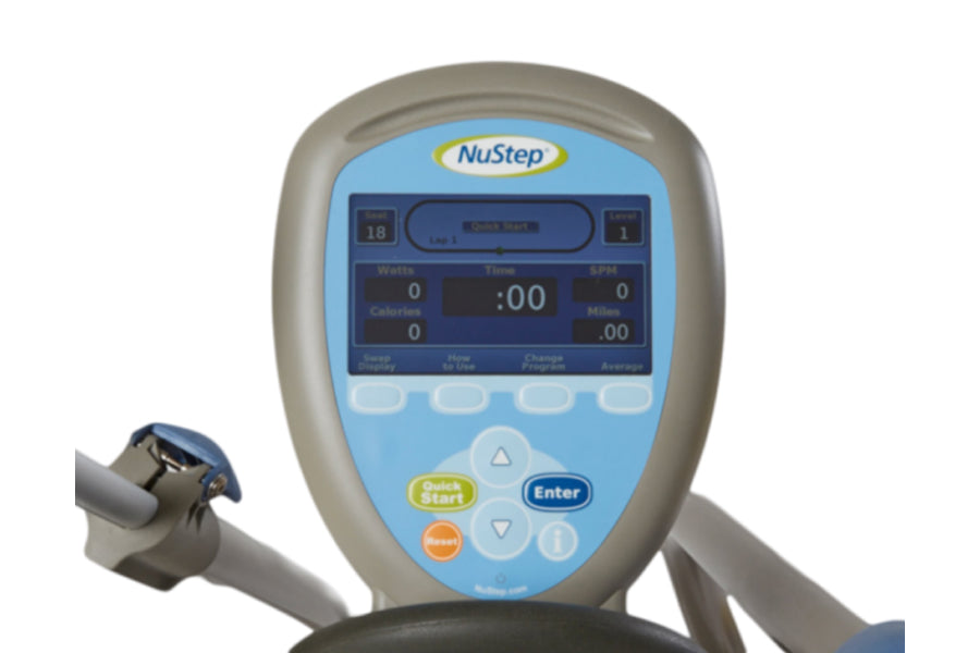 NuStep T5XR recumbent elliptical machine with blue and gray console displaying time, calories, and miles on white background