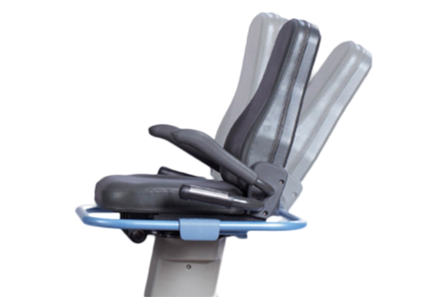 NuStep T5XR recumbent elliptical with black cushioned seat, gray backrest, and blue footplate on white background