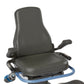 Gray padded seat and backrest on NuStep T5 recumbent elliptical stepper with blue base and black armrests, on white backgroun