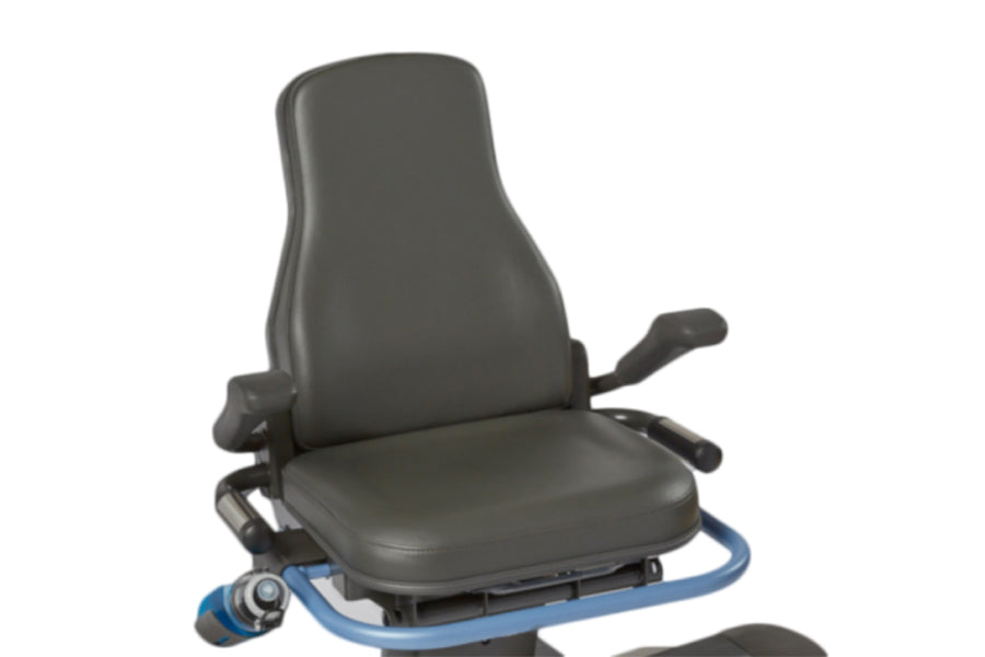 Gray padded seat and backrest on NuStep T5 recumbent elliptical stepper with blue base and black armrests, on white backgroun
